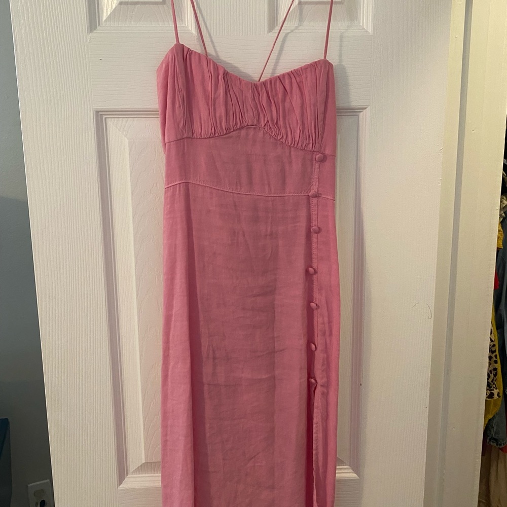 Zara Linen Pink Midi Dress with Slit Size Small